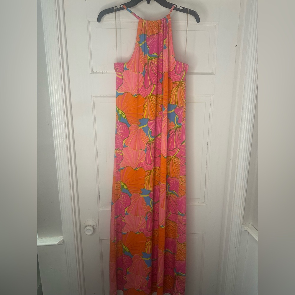 Trina Turk Tropical Floral Maxi Dress Pink Orange Blue Resort Summer Size Small - Picture 2 of 5